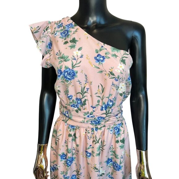 Ee: Some Pink Floral One Shoulder Midi Dress Ruffle Sleeve Size M Spring - Picture 4 of 11